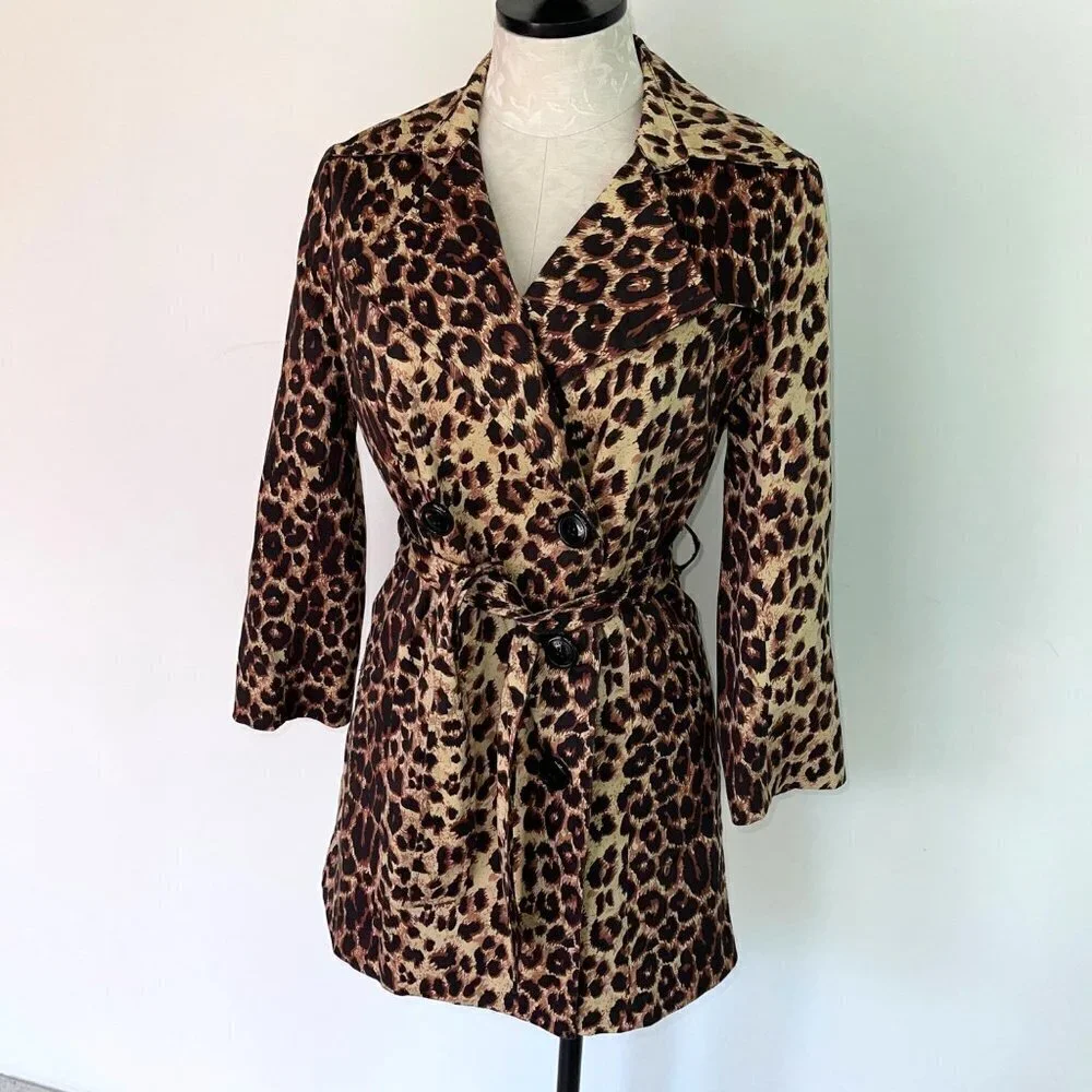 Vertigo Womens Trench Coat Size Small Animal Print Belted Lightweight Button Up - Picture 9 of 12